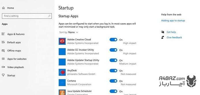صفحه Startup apps ویندوز 10