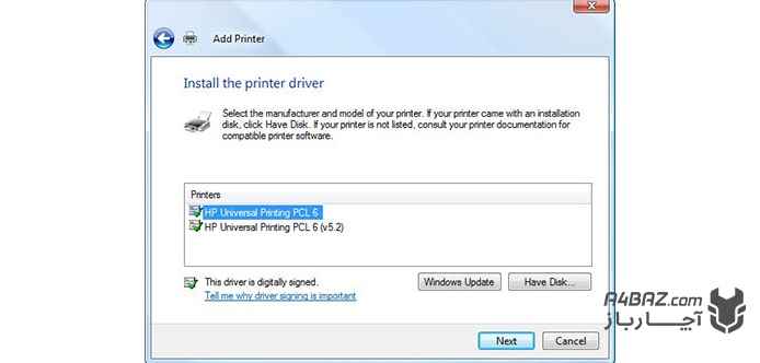 صفحه add printer در نصب درایور