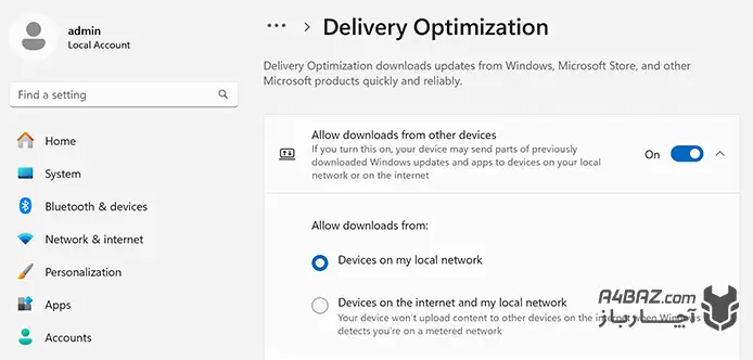 تنظیمات و گزینه‌های پنجره delivery optimization
