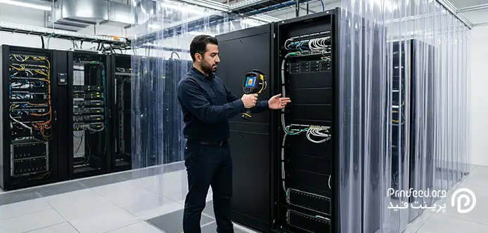یک کارشناس در حال بررسی دمای اتاق سرور